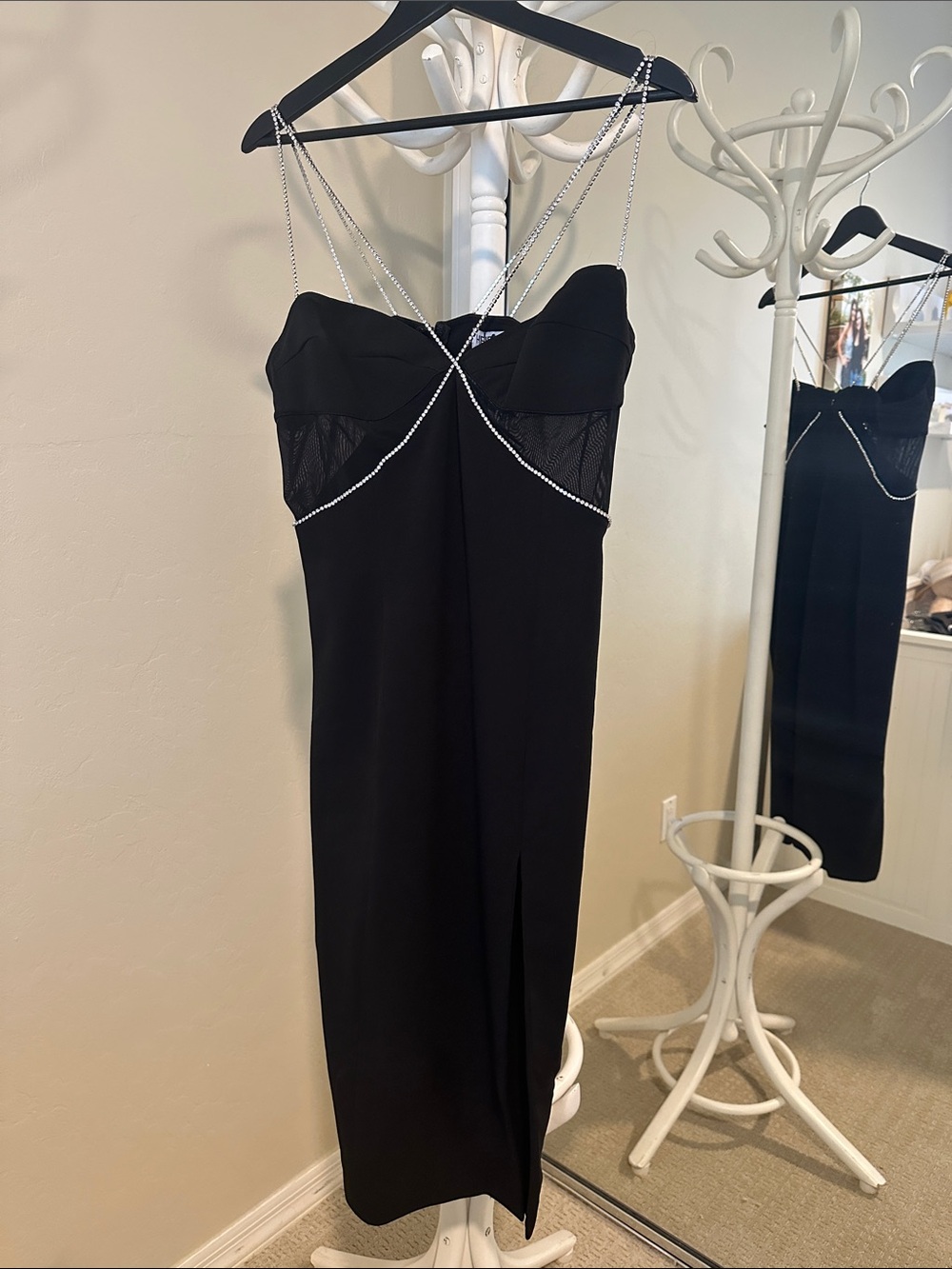 Strappy Black Diamanté Strap Cutout Midi Dress